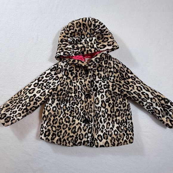 Gymboree Other - Gymboree Faux Fur Jacket Girls 2T-3T Leopard Print Hooded Ears Pink Lining Coat